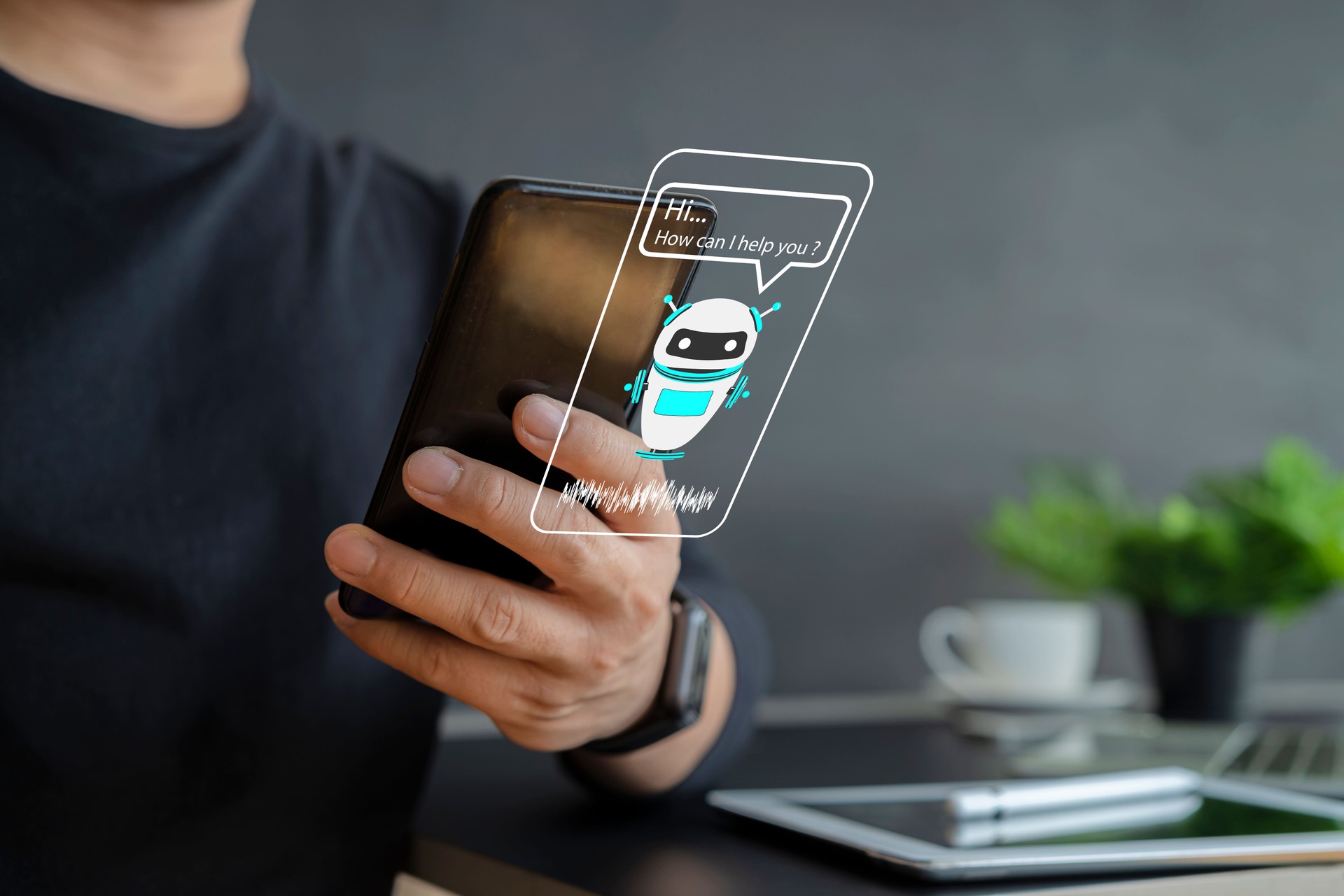Chatbot, tecnologia de Inteligência Artificial Ai, assistente virtual na internet na tela do telefone inteligente
