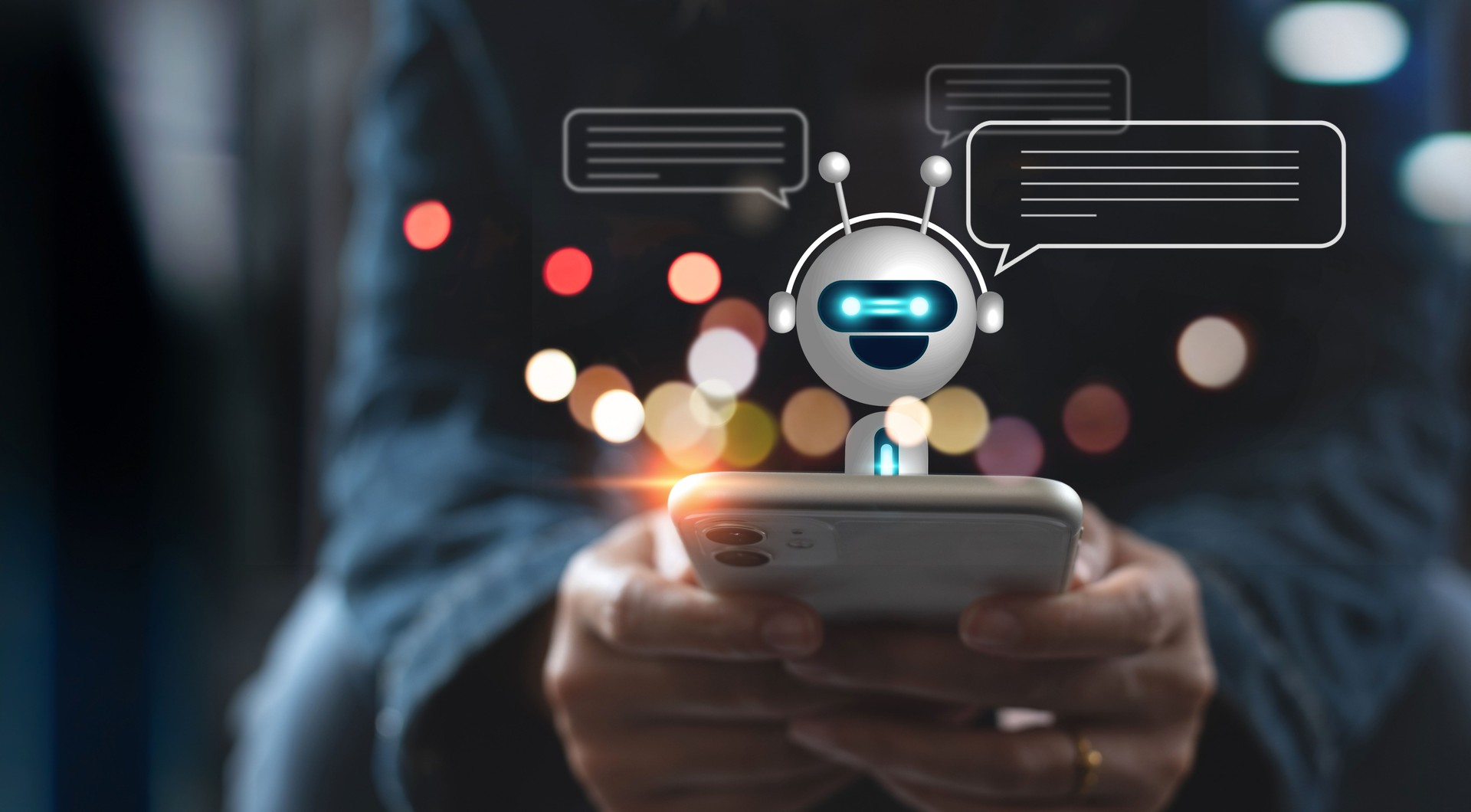 Chatbot digital, chatGPT, aplicativo robô, assistente de conversação, conceito de Inteligência Artificial de IA. Mulher usando o telefone inteligente móvel conversando com o serviço ao cliente do chatbot digital