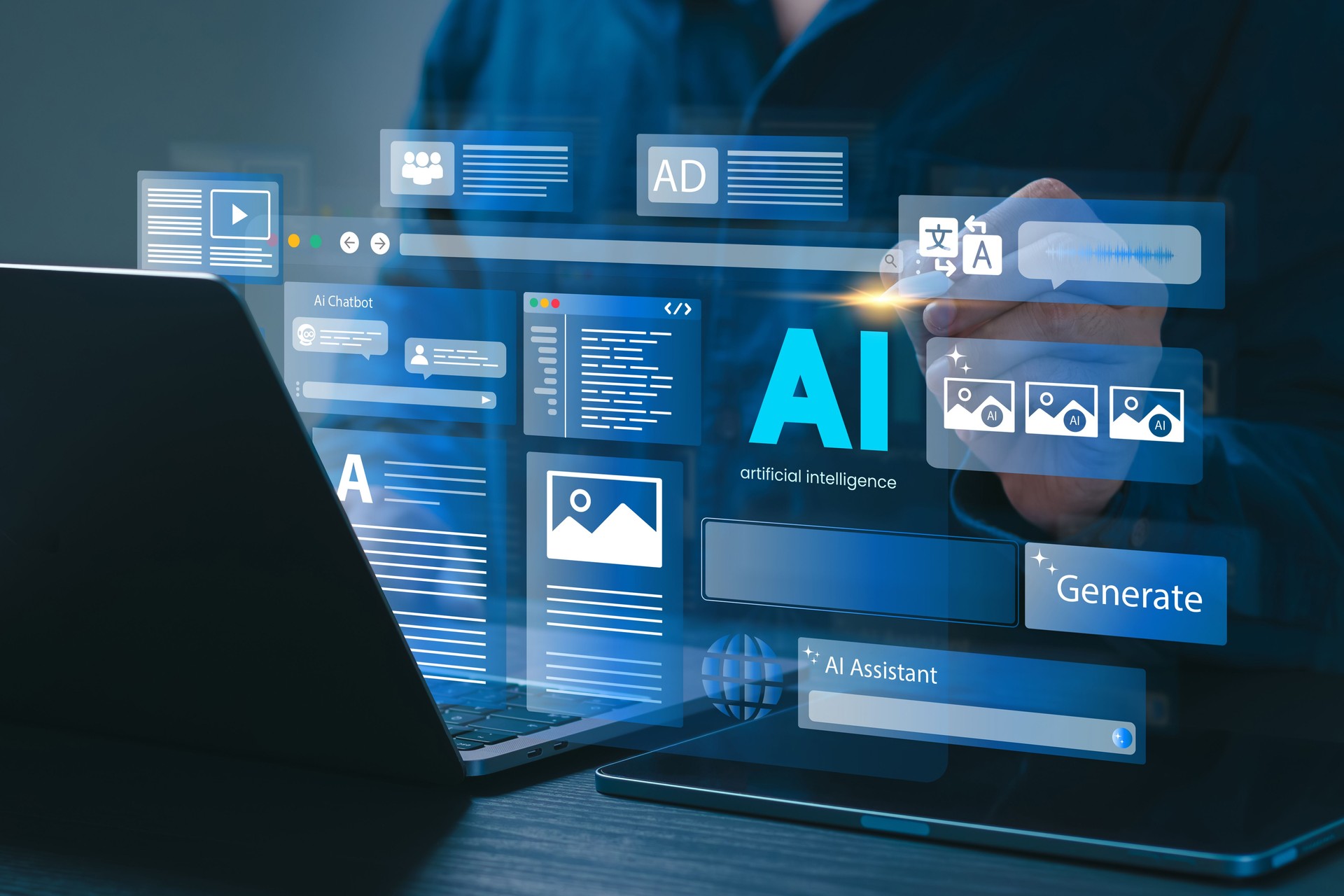 Artificial Intelligence Content Generator. A man uses a laptop to interact with AI assistant. AI offers functions like chatbot, generate images, write code, writer bot, translate and advertising.Personalização de Experiência do Cliente
