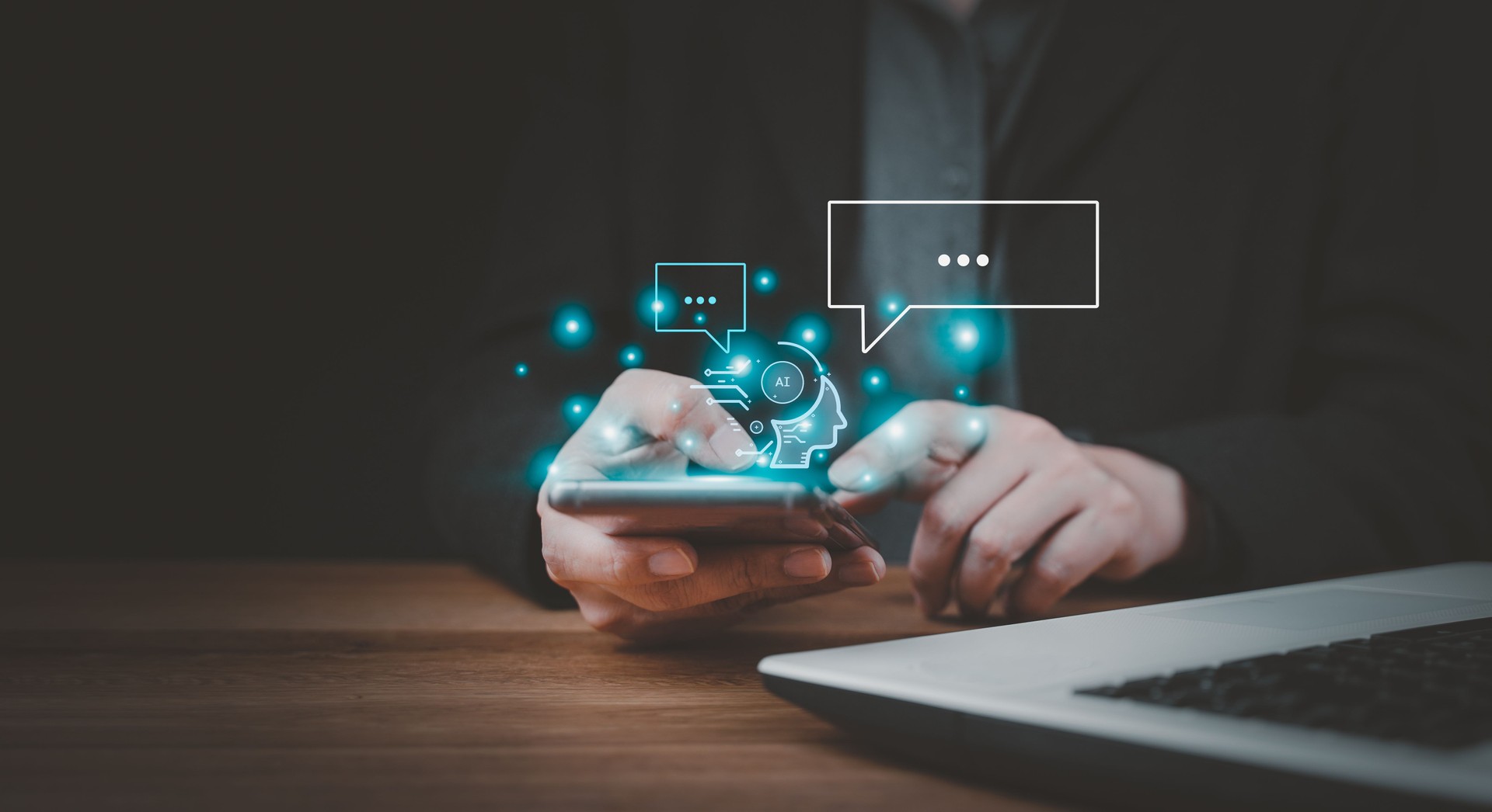 Businessman using chatbot in smartphone intelligence Ai. A.I. with AI Artificial Intelligence, developed by OpenAI generate. Futuristic technology, robot in online system. Database smart chatbox.