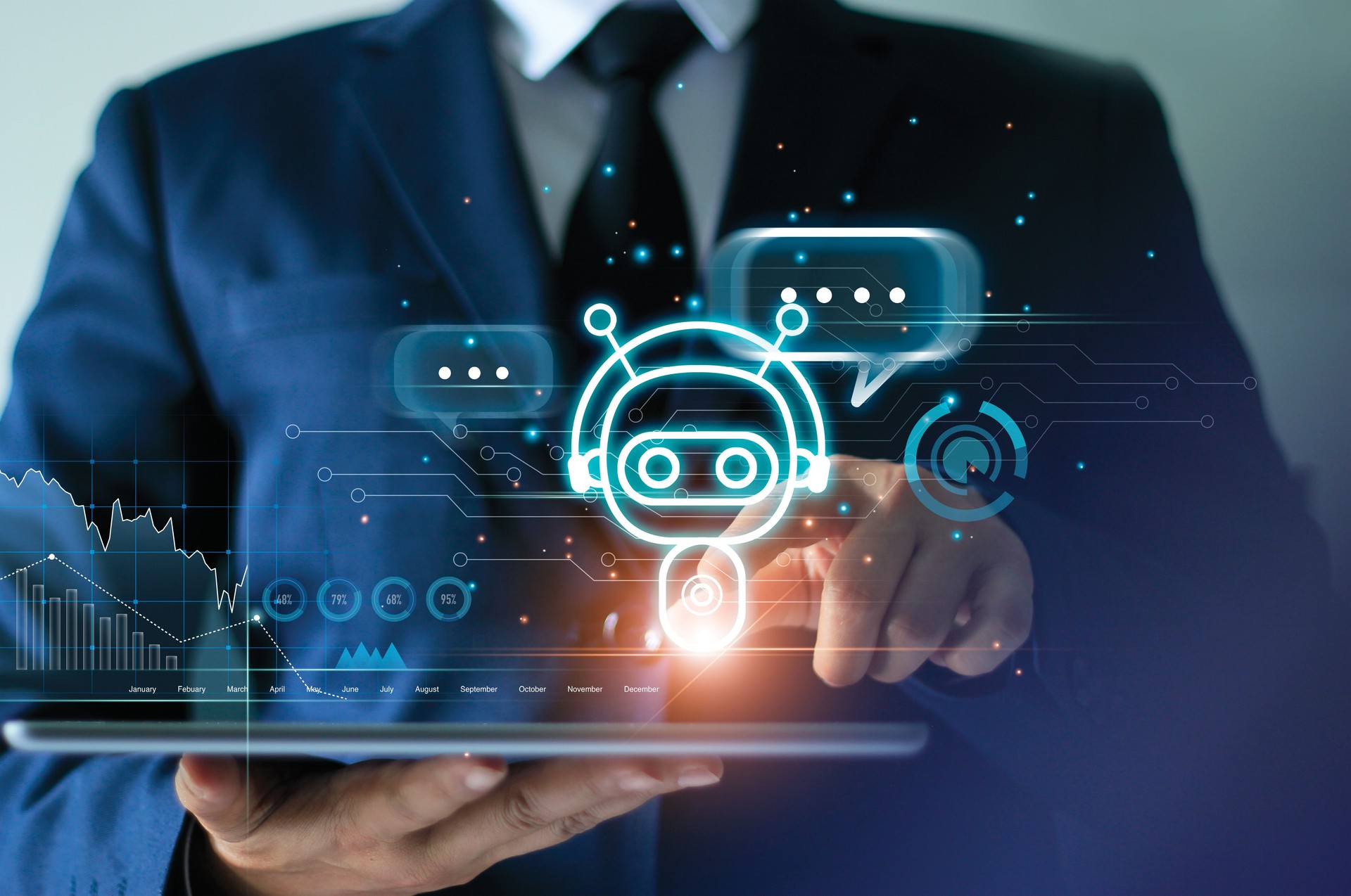 Businessman touching digital chat bot on tablet for provide access to information and data in online network, robot application and global connection, AI, Artificial intelligence.